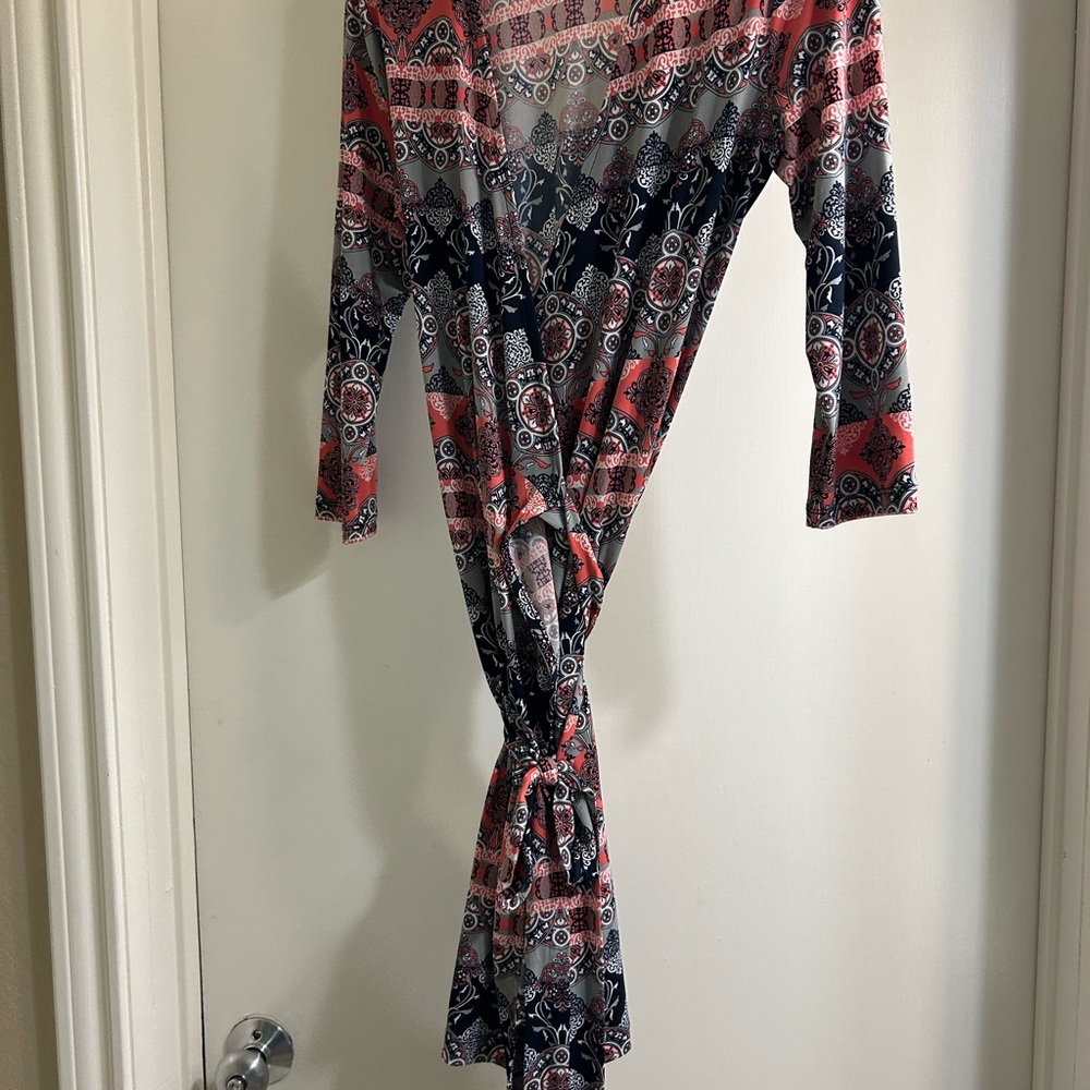 Banana Republic Blue and Red Long Sleeve Wrap Tie Front Sheath Dress